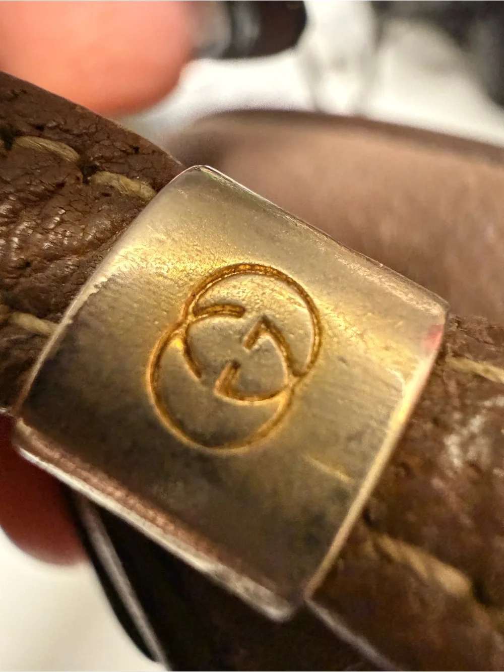 Gucci Gold-Tone Logo Plate on Dark Brown Leather